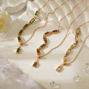 Modern Asymmetric Gold Necklace with Cubic Zirconia Stones