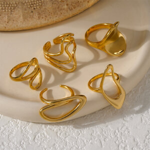 Contemporary Abstract Gold Rings In Fluid Irregular Geometric Shapes