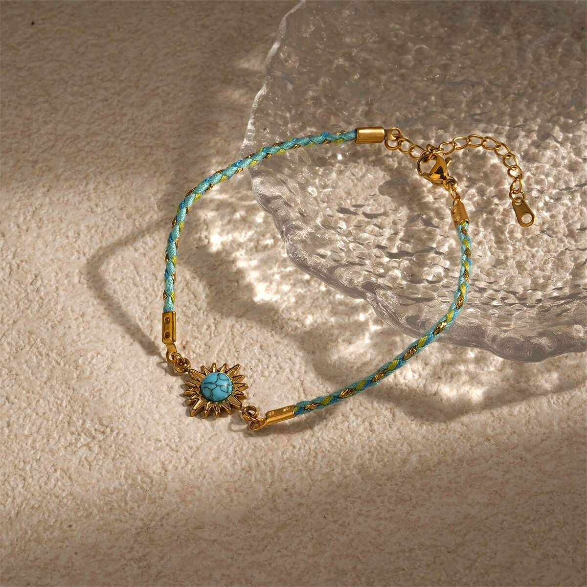 Boho 18K Gold Braided Sun Charm Bracelet with Natural Healing Stones