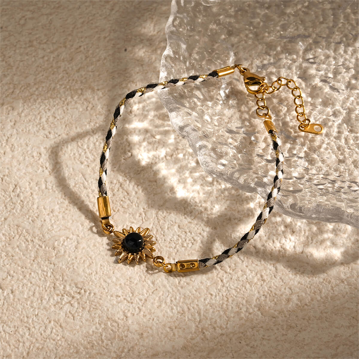 Boho 18K Gold Braided Sun Charm Bracelet with Natural Healing Stones