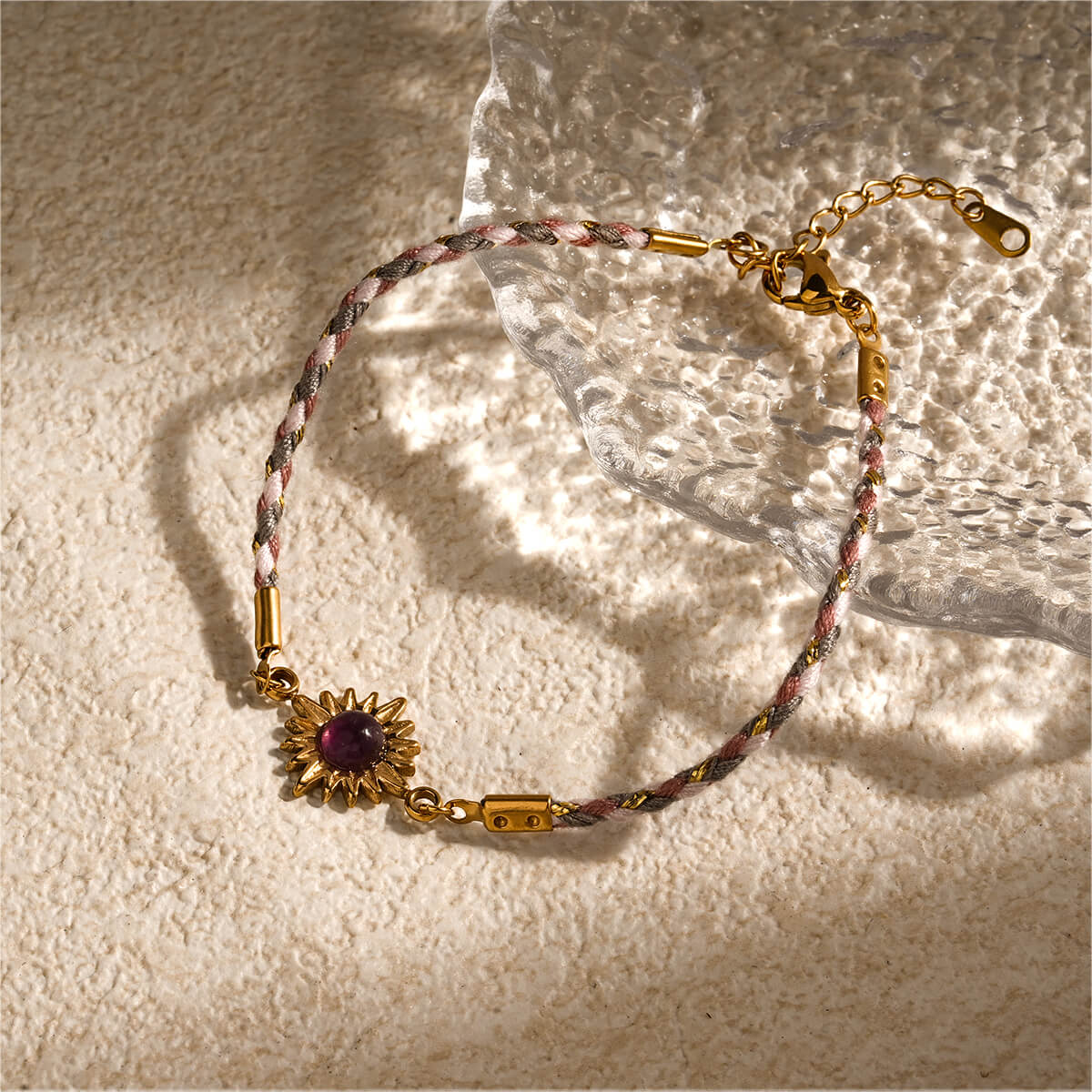 Boho 18K Gold Braided Sun Charm Bracelet with Natural Healing Stones