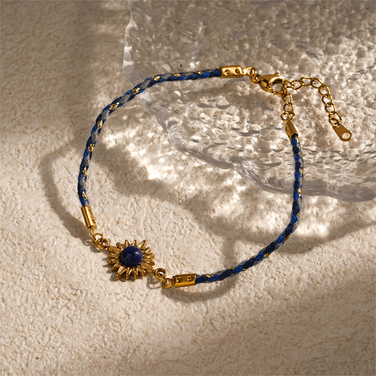 Boho 18K Gold Braided Sun Charm Bracelet with Natural Healing Stones