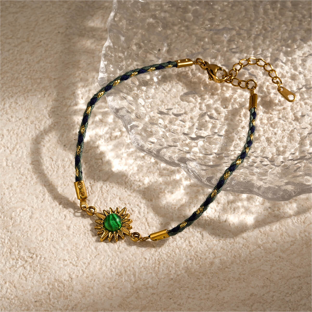 Boho 18K Gold Braided Sun Charm Bracelet with Natural Healing Stones