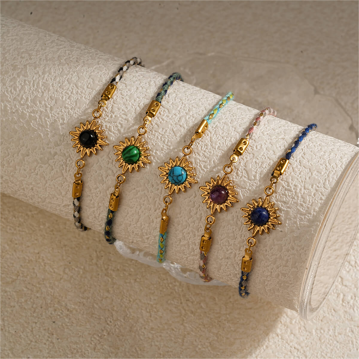 Boho 18K Gold Braided Sun Charm Bracelet with Natural Healing Stones