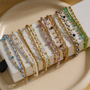 3 Layer 18K Gold Plated Natural Stone Bracelets with Seed Beads and Braided Cord