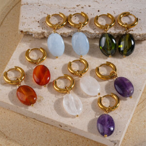 Gold Plated Oval Drop Earrings With Colorful Stone Pendant