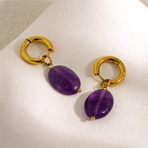 Gold Plated Oval Drop Earrings With Colorful Stone Pendant