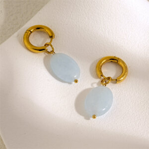 Gold Plated Oval Drop Earrings With Colorful Stone Pendant
