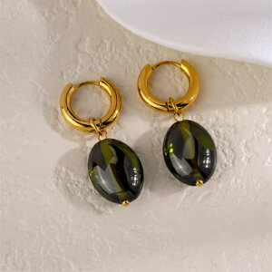 Gold Plated Oval Drop Earrings With Colorful Stone Pendant
