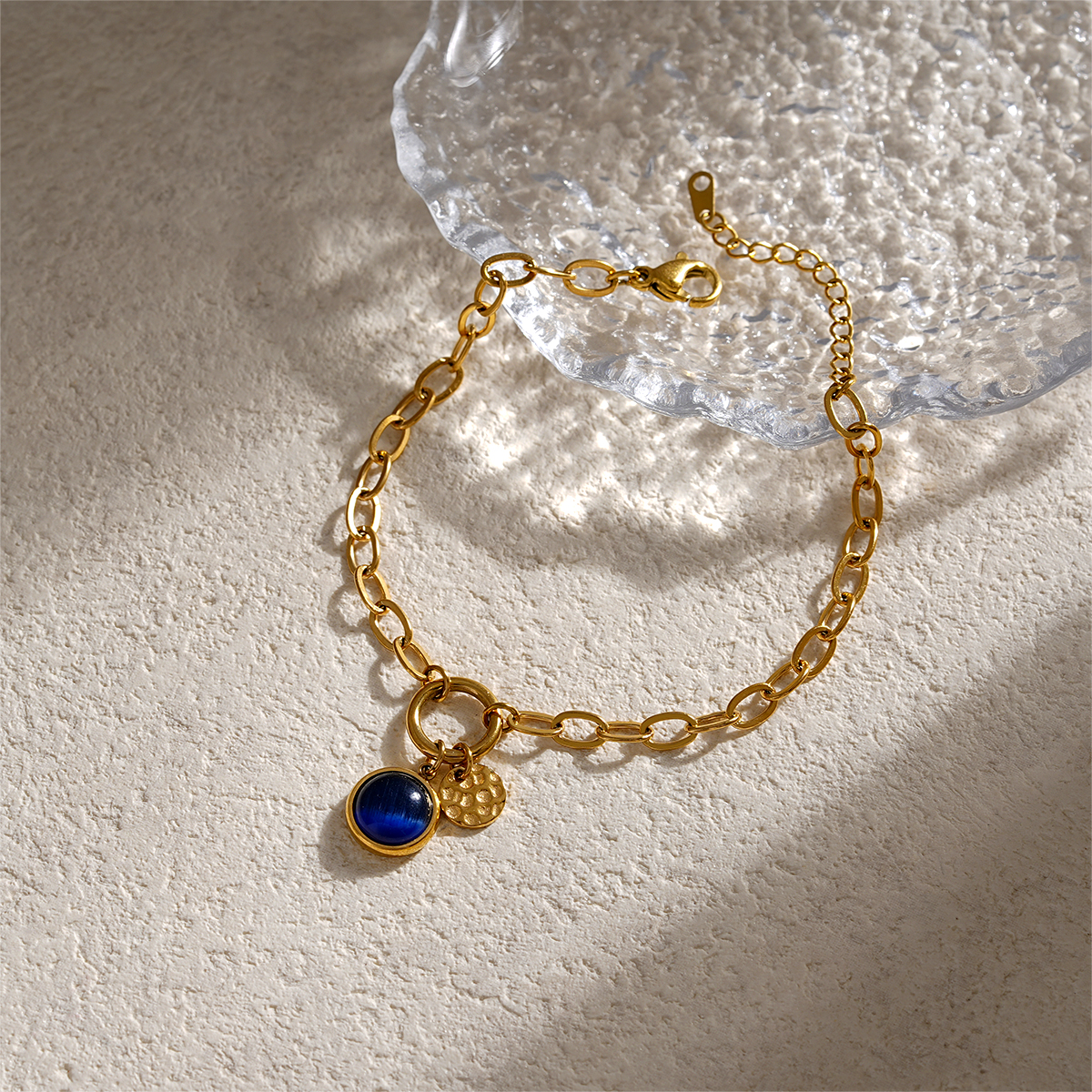 Contemporary Natural Stone Gold Link Bracelets with Hammered Disc Accents