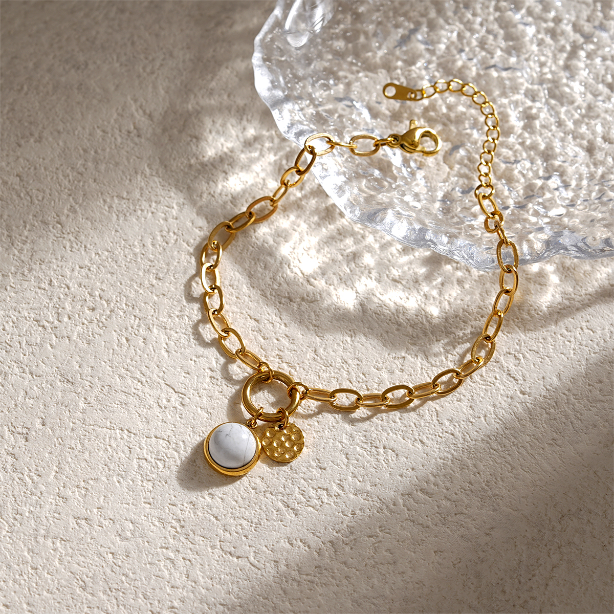 Contemporary Natural Stone Gold Link Bracelets with Hammered Disc Accents
