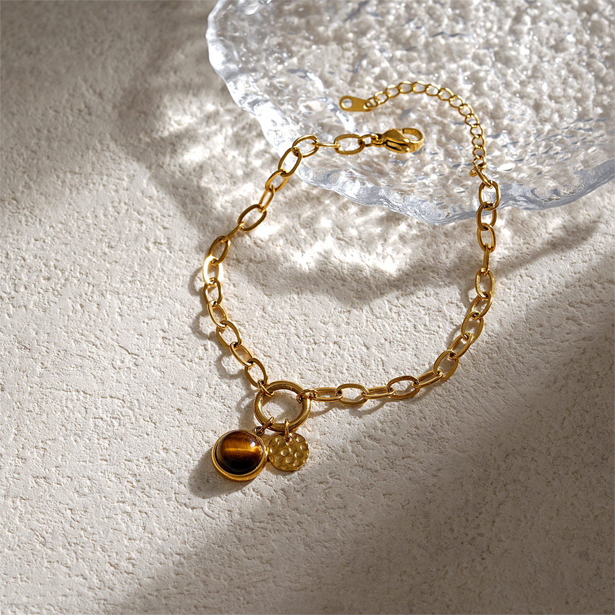 Contemporary Natural Stone Gold Link Bracelets with Hammered Disc Accents