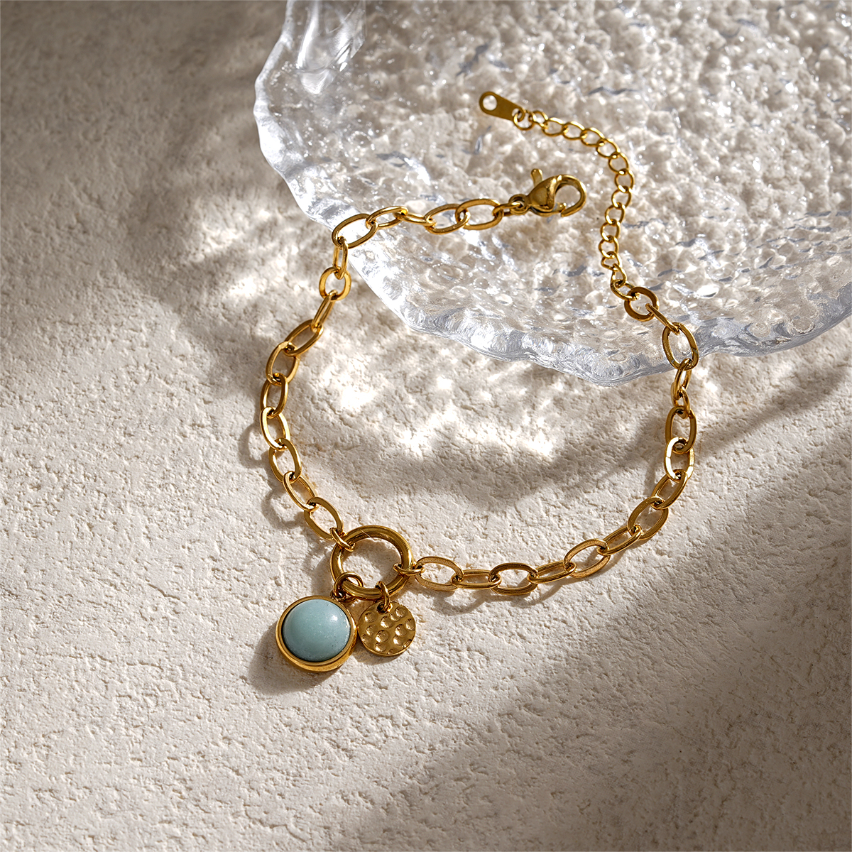 Contemporary Natural Stone Gold Link Bracelets with Hammered Disc Accents