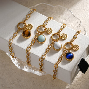 Contemporary Natural Stone Gold Link Bracelets with Hammered Disc Accents