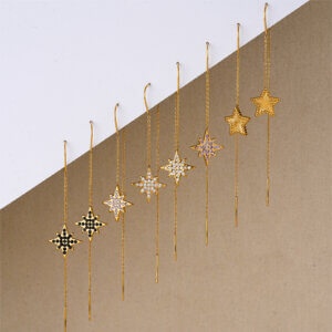 Celestial style Gold Chain Star Threader Earrings With Zircon Shine