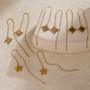Celestial style Gold Chain Star Threader Earrings With Zircon Shine