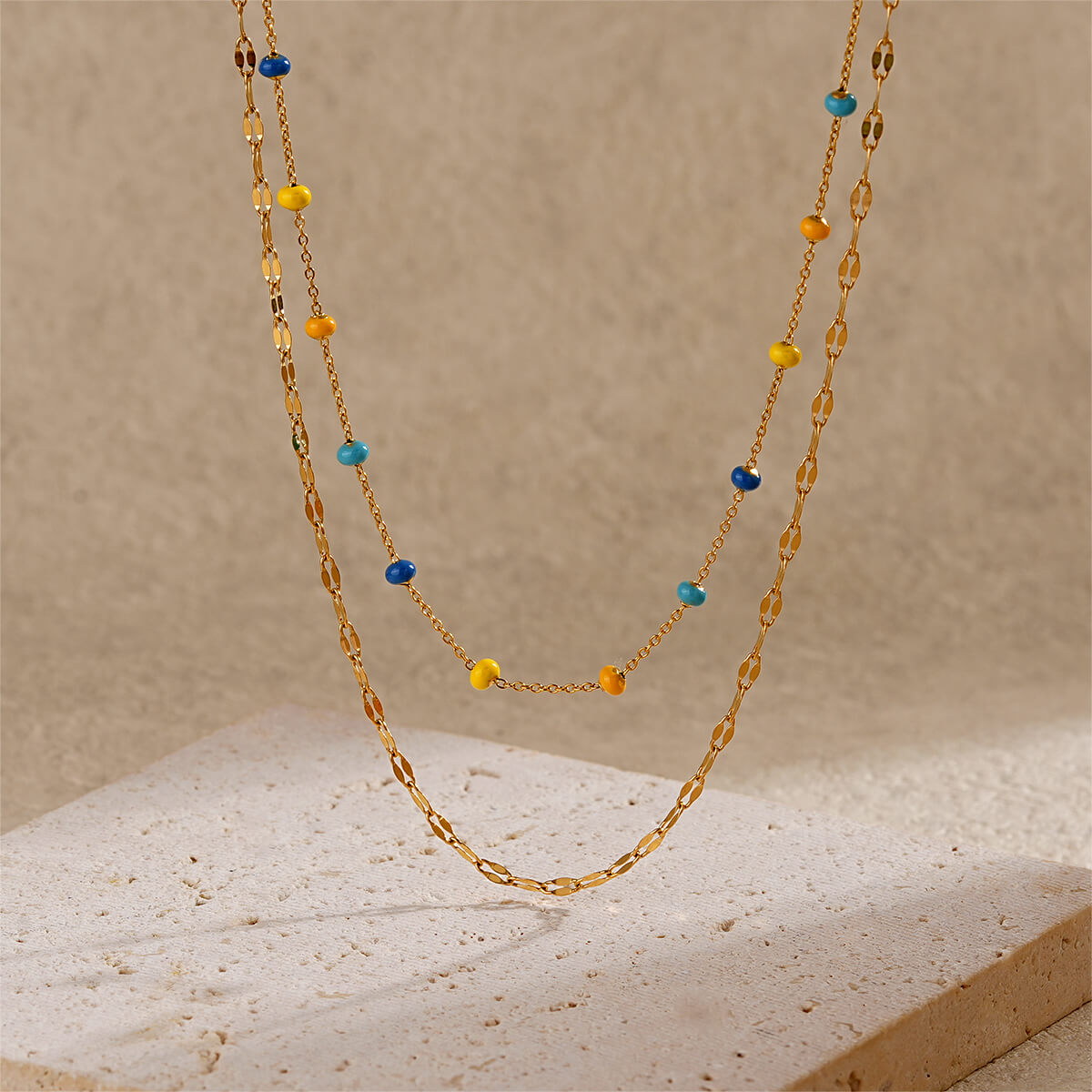 Vacation Inspired Colorful Enamel Bead Double Layer Gold Necklace