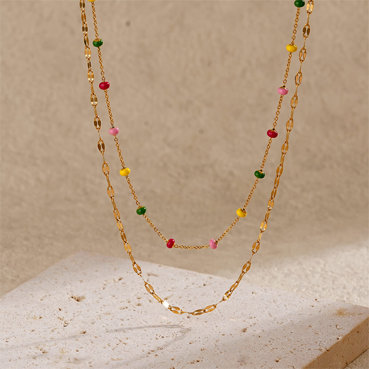 Vacation Inspired Colorful Enamel Bead Double Layer Gold Necklace