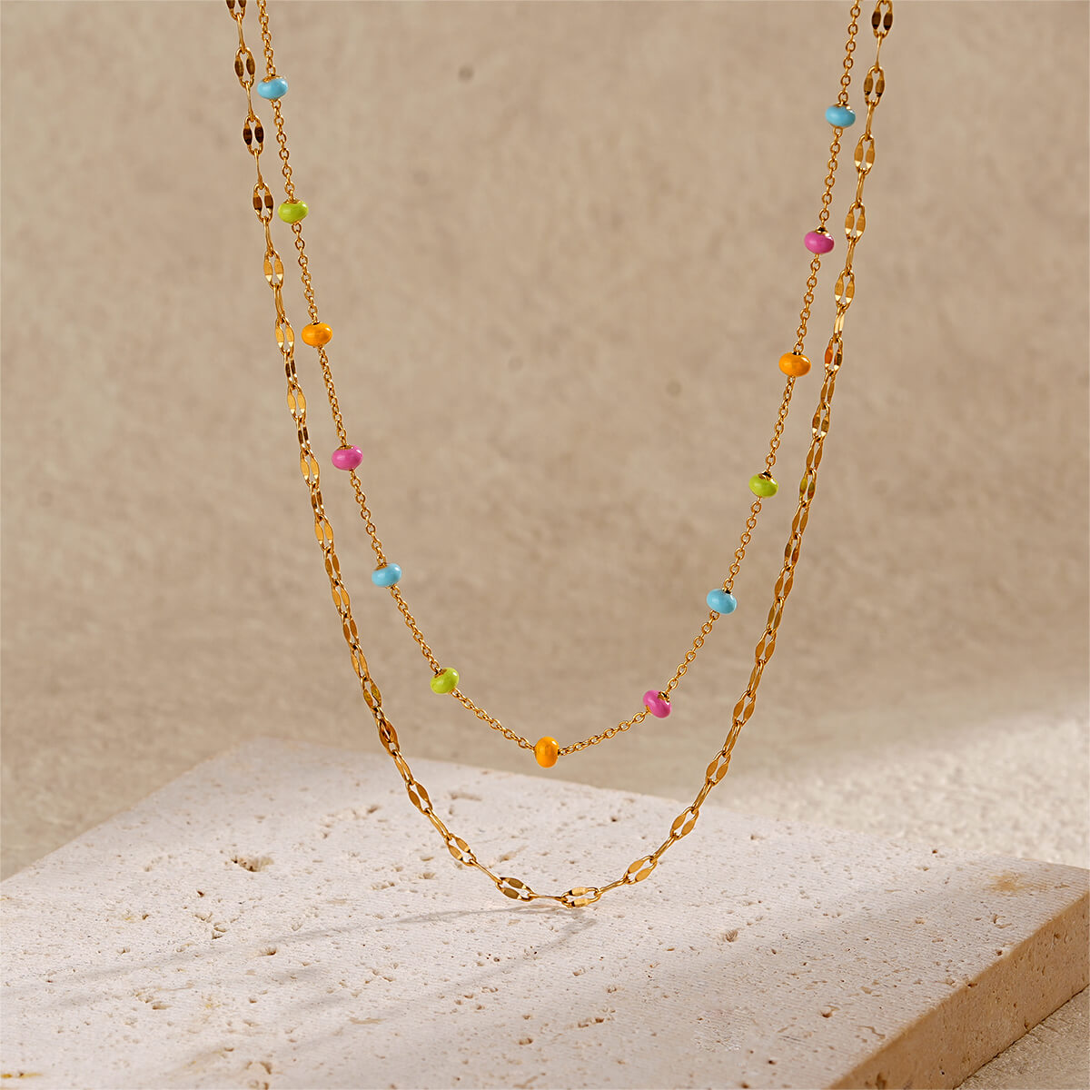 Vacation Inspired Colorful Enamel Bead Double Layer Gold Necklace