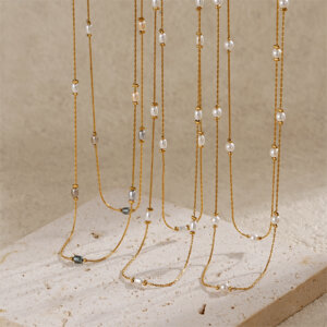 Stainless Steel 18K Gold Plated Double Layer Pearl Necklace