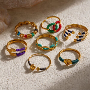 Handcrafted 18K Gold Plated Stainless Steel Thread Wrapped Rings