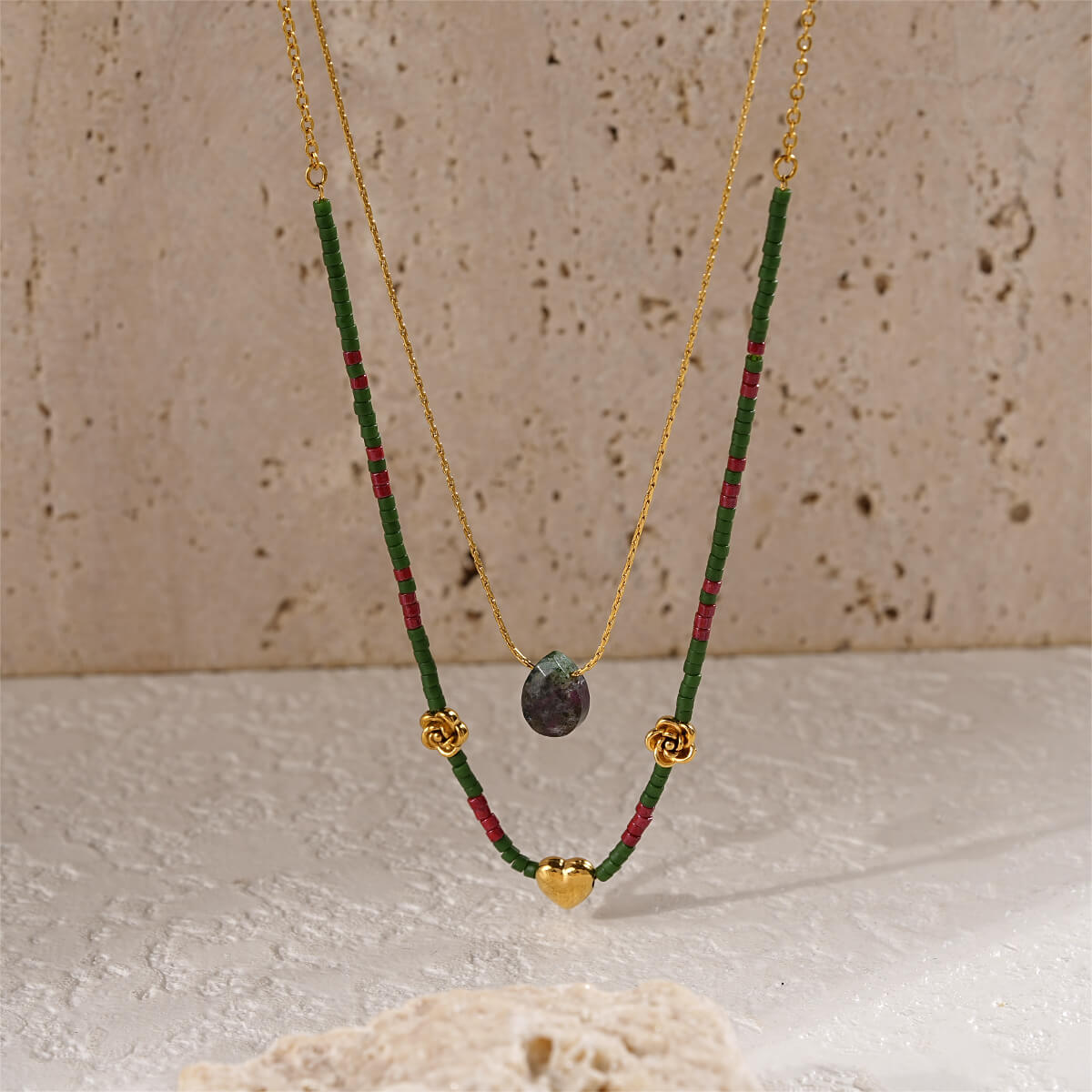 Double Layer Natural Stone Necklace With Charms & Seed Beads