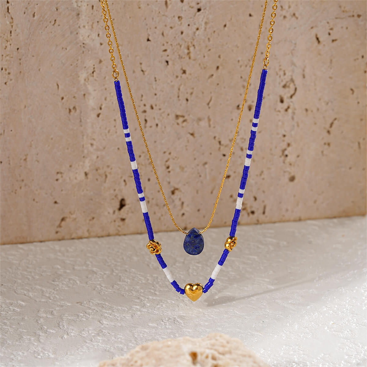 Double Layer Natural Stone Necklace With Charms & Seed Beads
