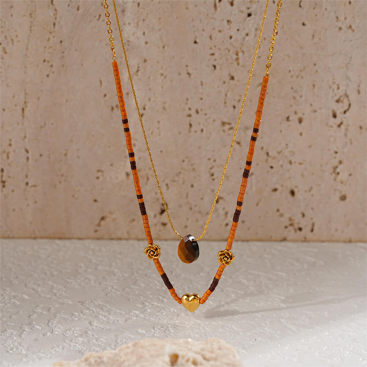 Double Layer Natural Stone Necklace With Charms & Seed Beads