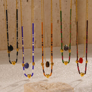 Double Layer Natural Stone Necklace With Charms & Seed Beads