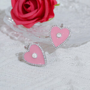 Justop Fashion Jewelry | Rhodium Plated Pink Heart Earrings With Sparkling Zirconia Rhodium Plated Pink Heart Earrings With Sparkling Zirconia