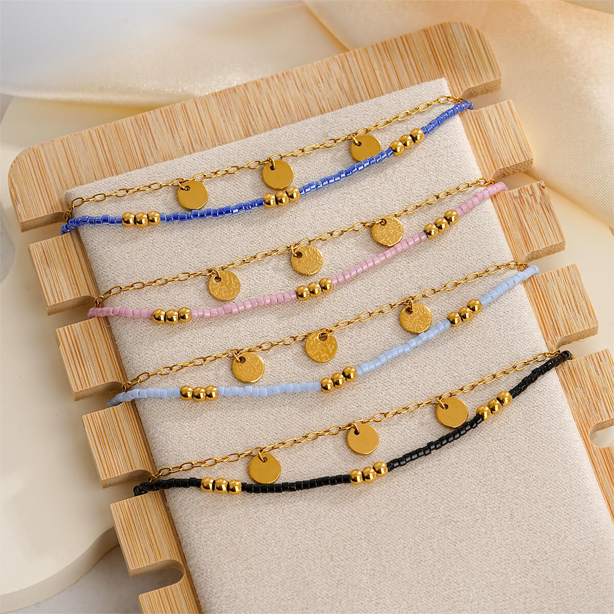 18K Dainty Layered Chain Bracelet with Hammered Coin Charms