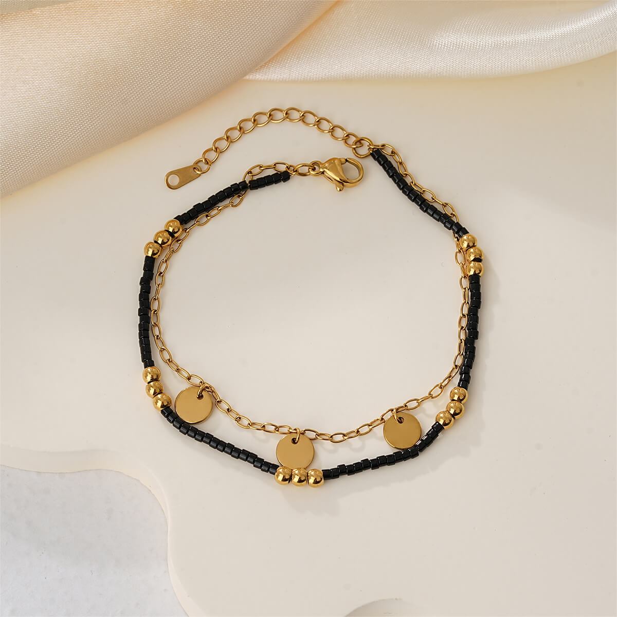 18K Dainty Layered Chain Bracelet with Hammered Coin Charms