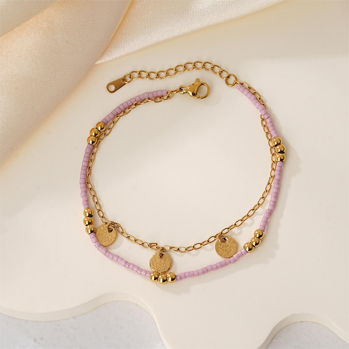 18K Dainty Layered Chain Bracelet with Hammered Coin Charms