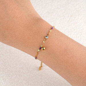 Delicate Gold Plated Enamel Bracelet with White Zircon and Bell Charm