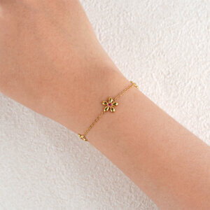 Delicate Gold Flower Charm Bracelet with Red Zircon Accent