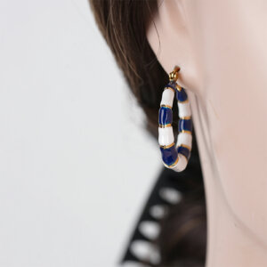 Blue White Enamel Gold Plated Hoop Earrings for Summer Style