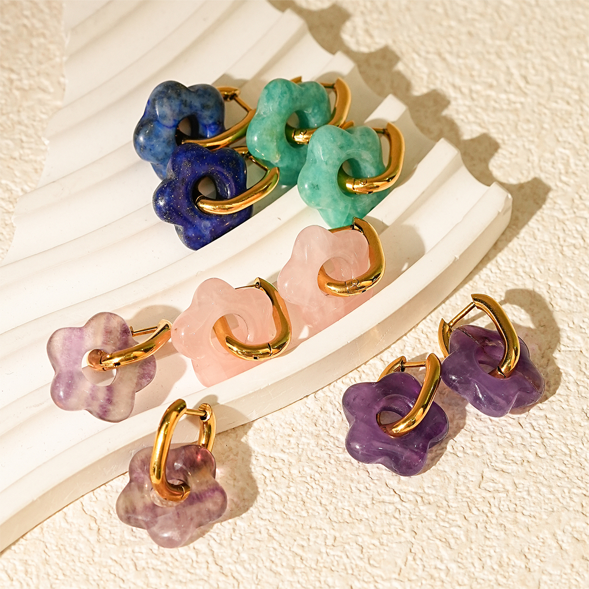 Dainty Gold Hoop Earrings with Colorful Stone Flowers Charms