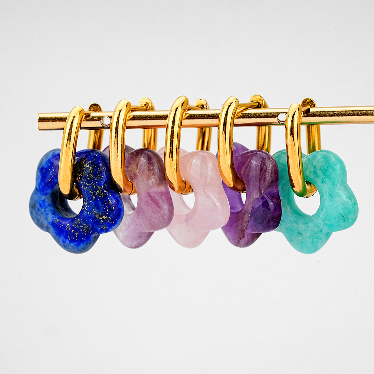 Dainty Gold Hoop Earrings with Colorful Stone Flowers Charms