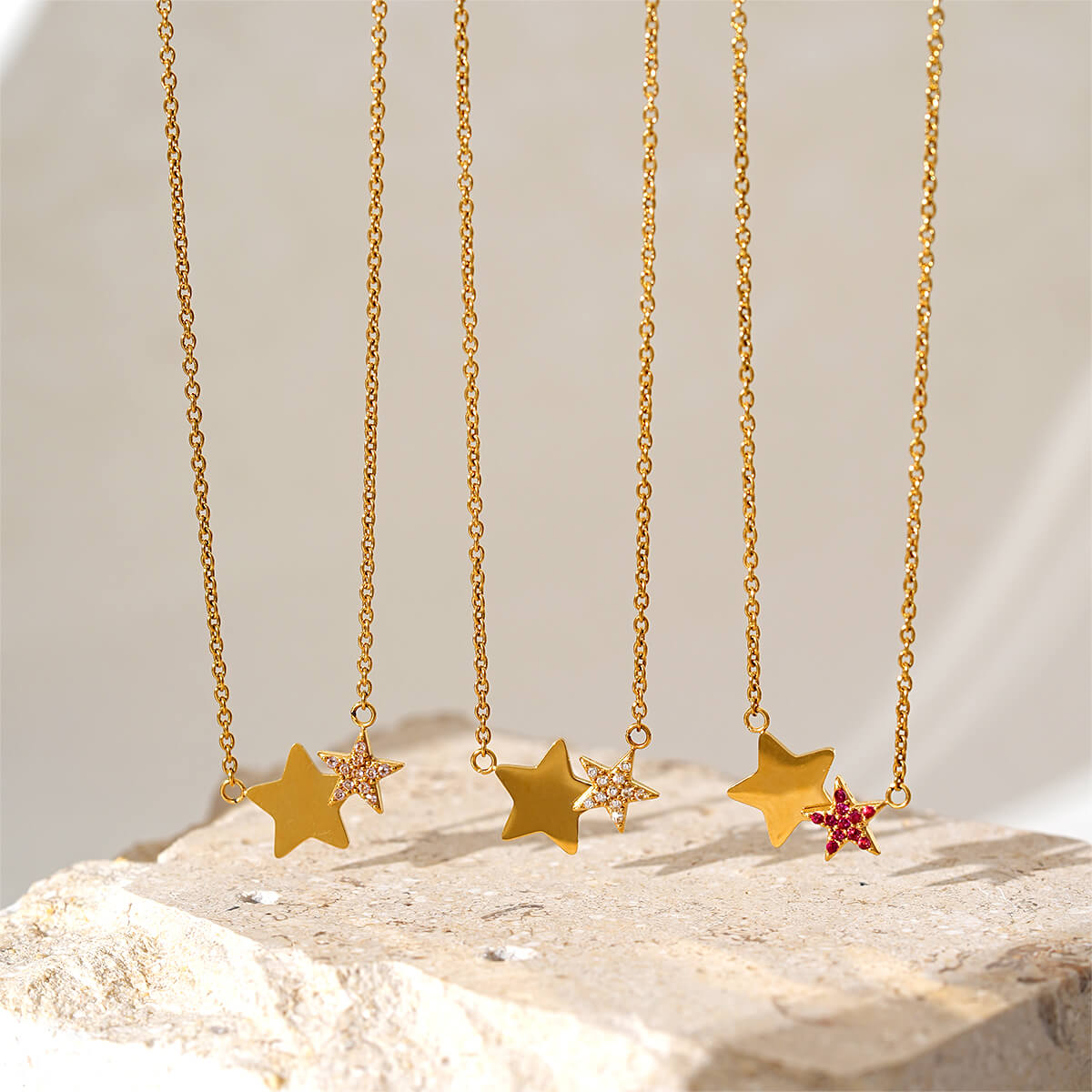 Trendy Cubic Zirconia Double Star Necklace In 18K Gold