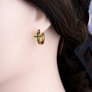 Stylish Gold Cross Hoop Earrings With Sparkling Green Zircon