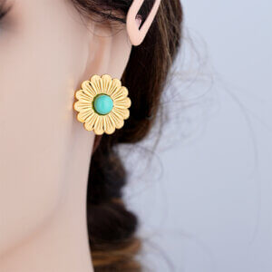 Statement Gold Daisy Flower Earrings With Turquoise Stone