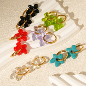 Colorful Glass Flower Earrings with 18K Gold Plated Hoops