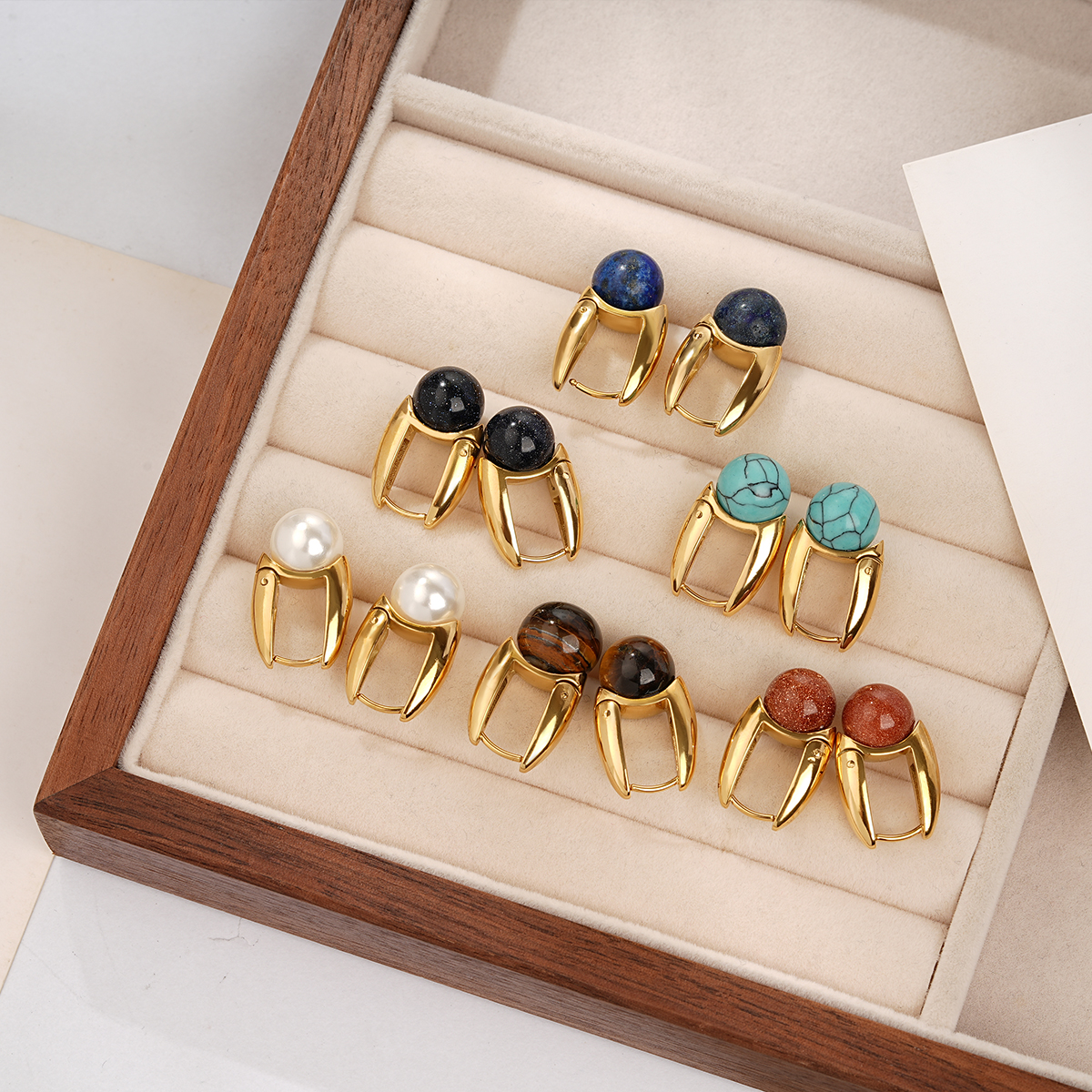 Sculptural U Shape Hoop Earrings Adorned with Stone Bead