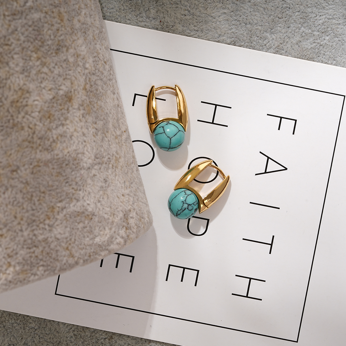 Sculptural U Shape Hoop Earrings Adorned with Stone Bead