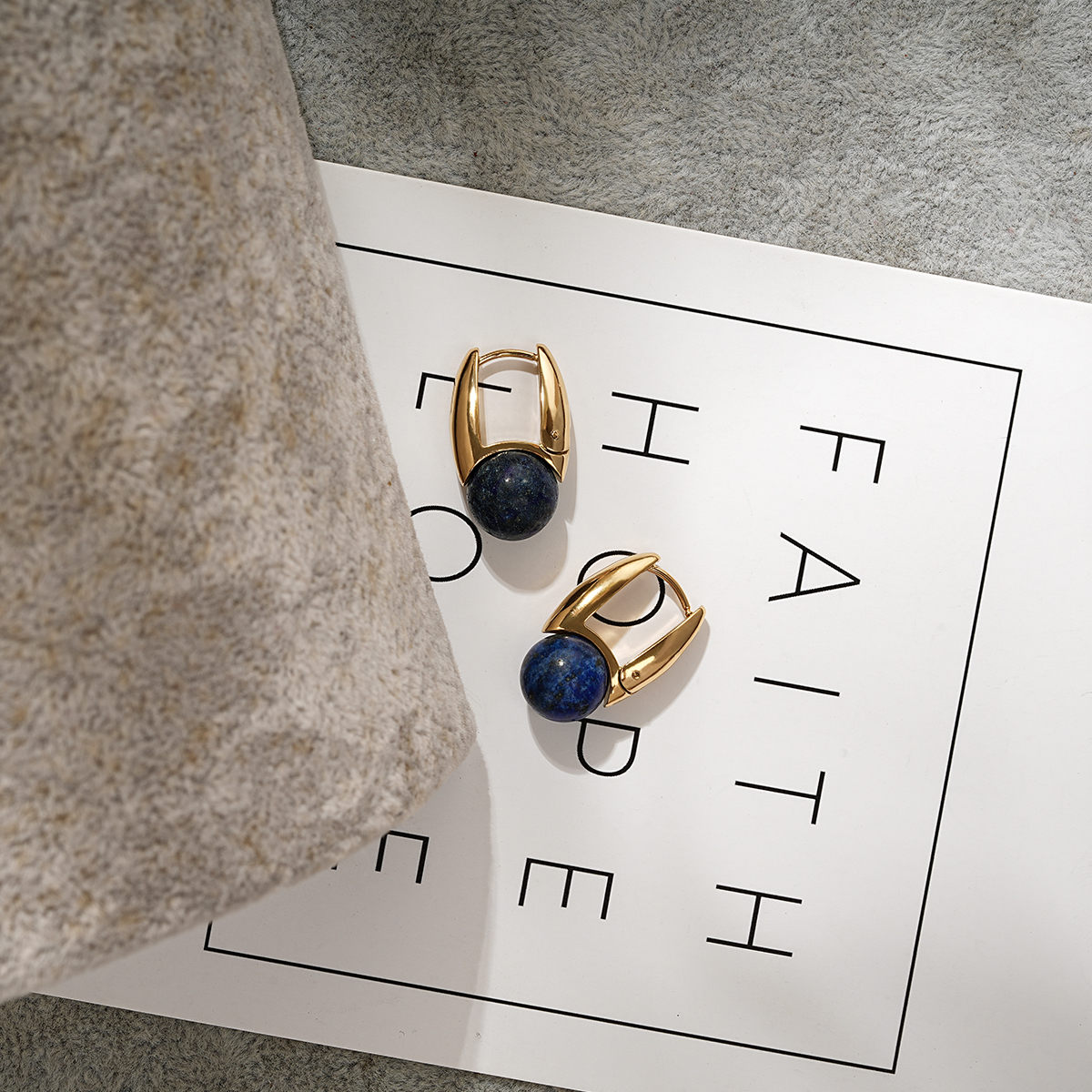 Sculptural U Shape Hoop Earrings Adorned with Stone Bead