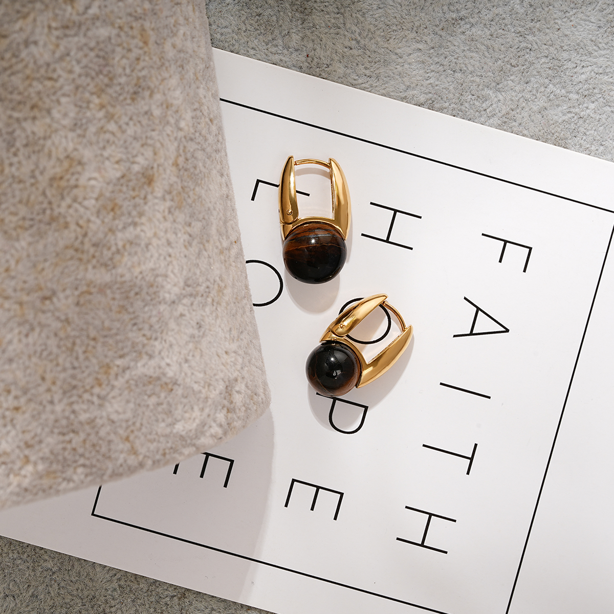 Sculptural U Shape Hoop Earrings Adorned with Stone Bead