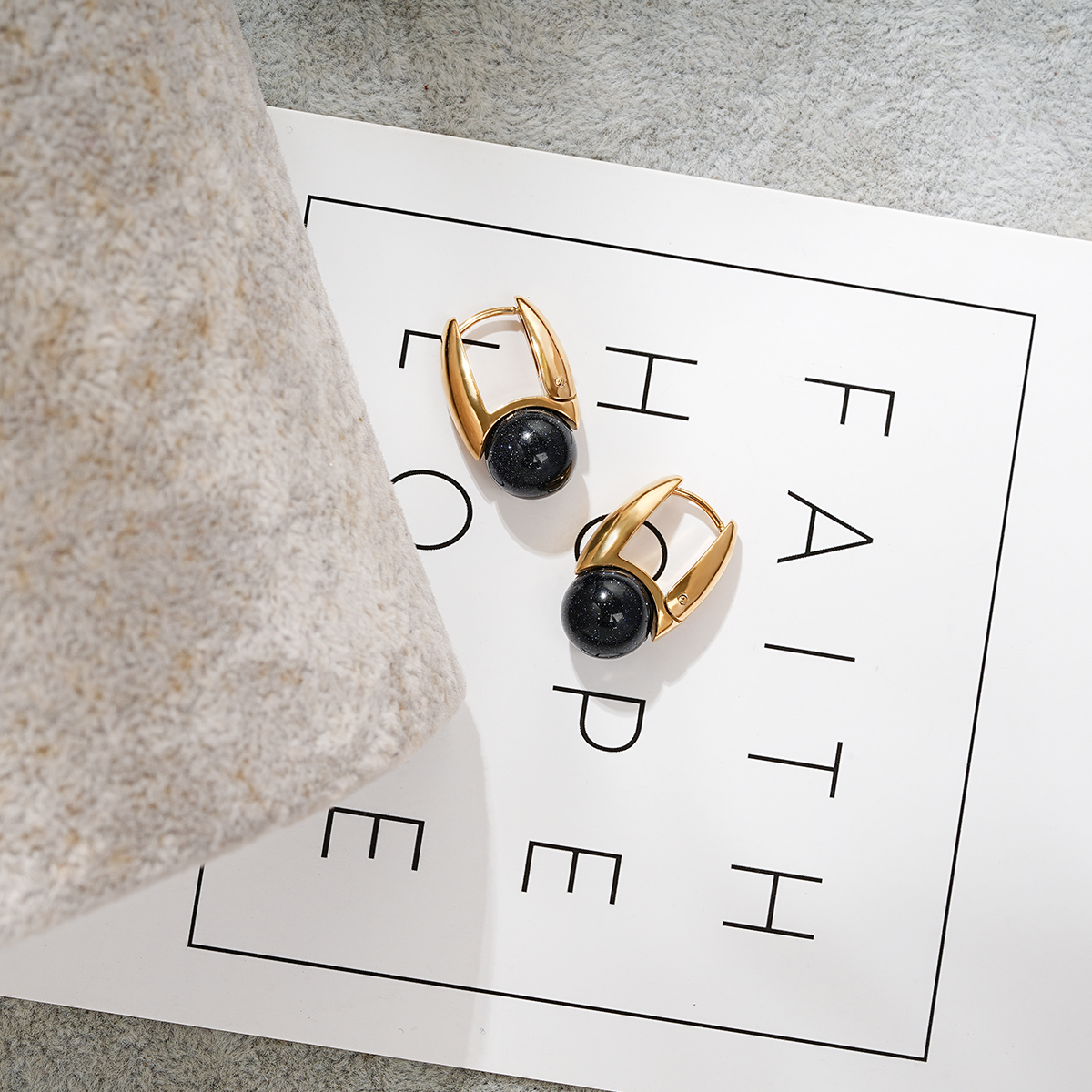 Sculptural U Shape Hoop Earrings Adorned with Stone Bead