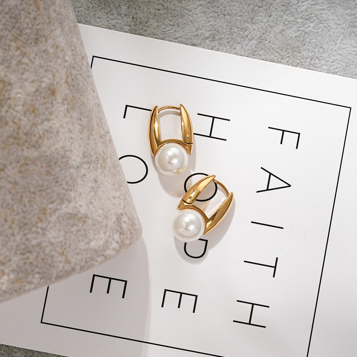 Sculptural U Shape Hoop Earrings Adorned with Stone Bead