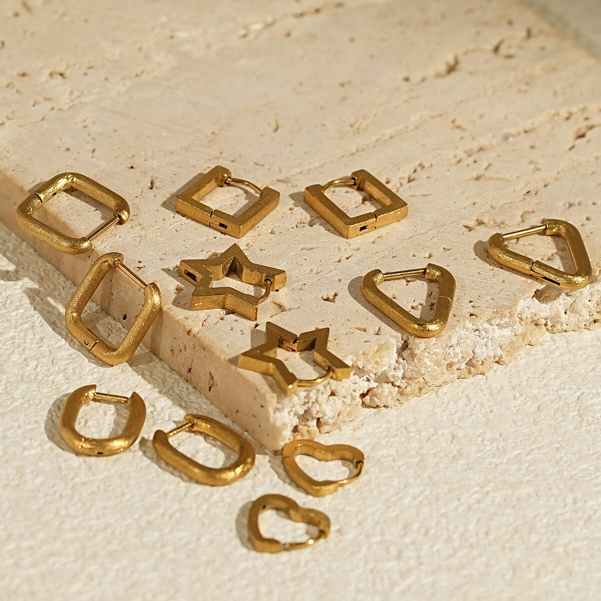 Minimalist Brushed 18K Gold Geometric Hoop Earring Collection