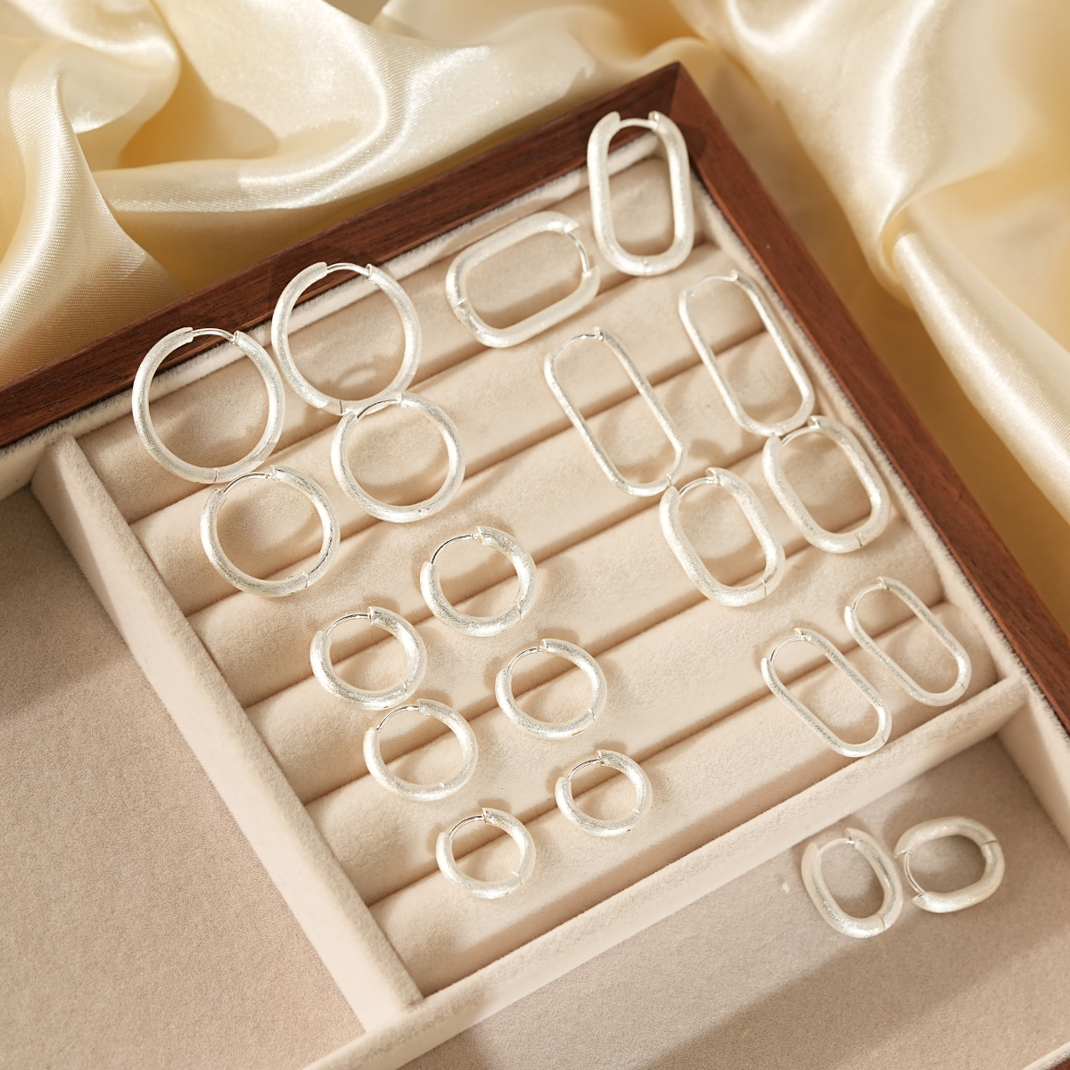 Minimalist Brushed Silver Hoop Earrings In Oval and Round Design